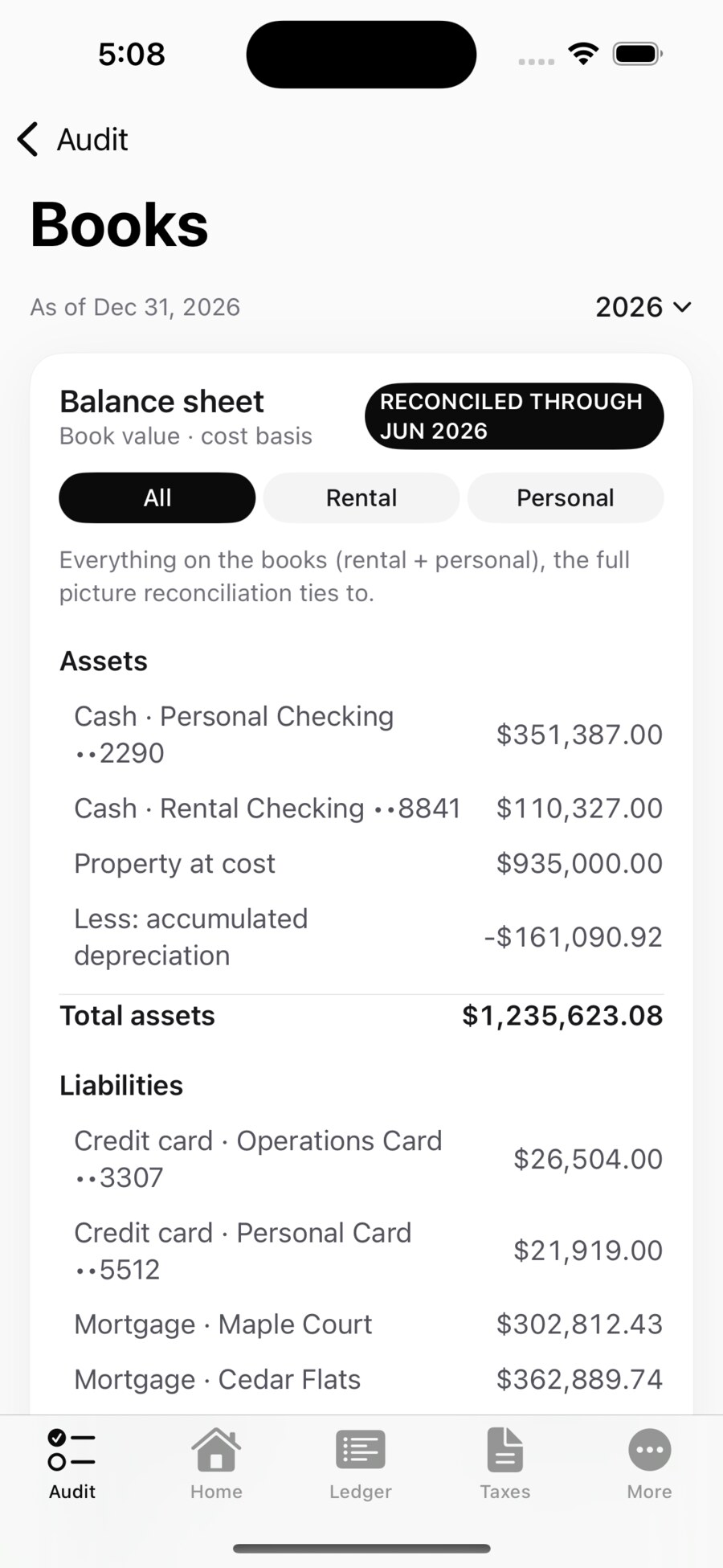 Oberlin24 on iPhone: balance sheet