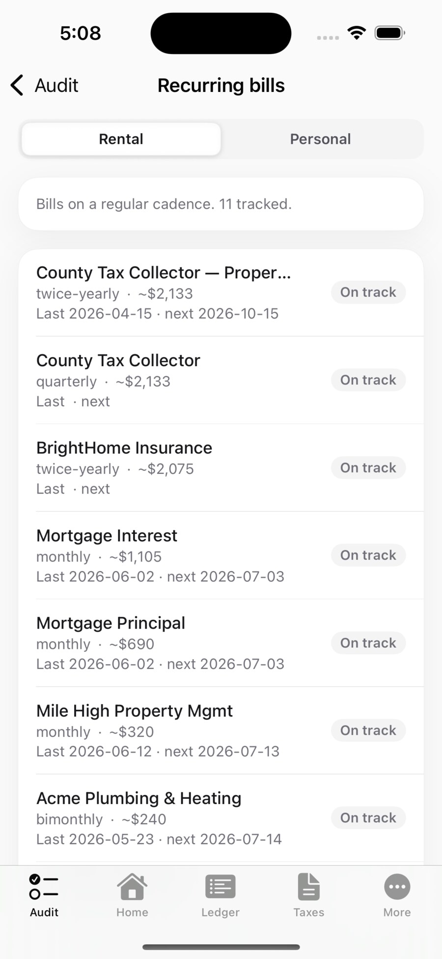 Oberlin24 on iPhone: recurring bills